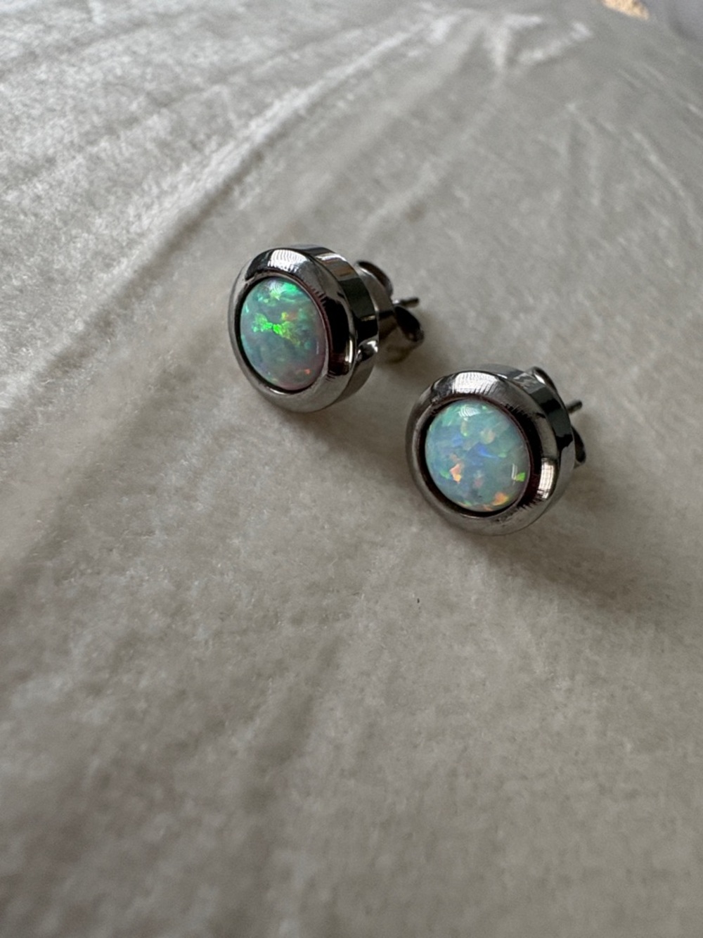 Sterling Silver Opal Stud Earrings - Iridescent Green White Opal - Picture 2 of 3